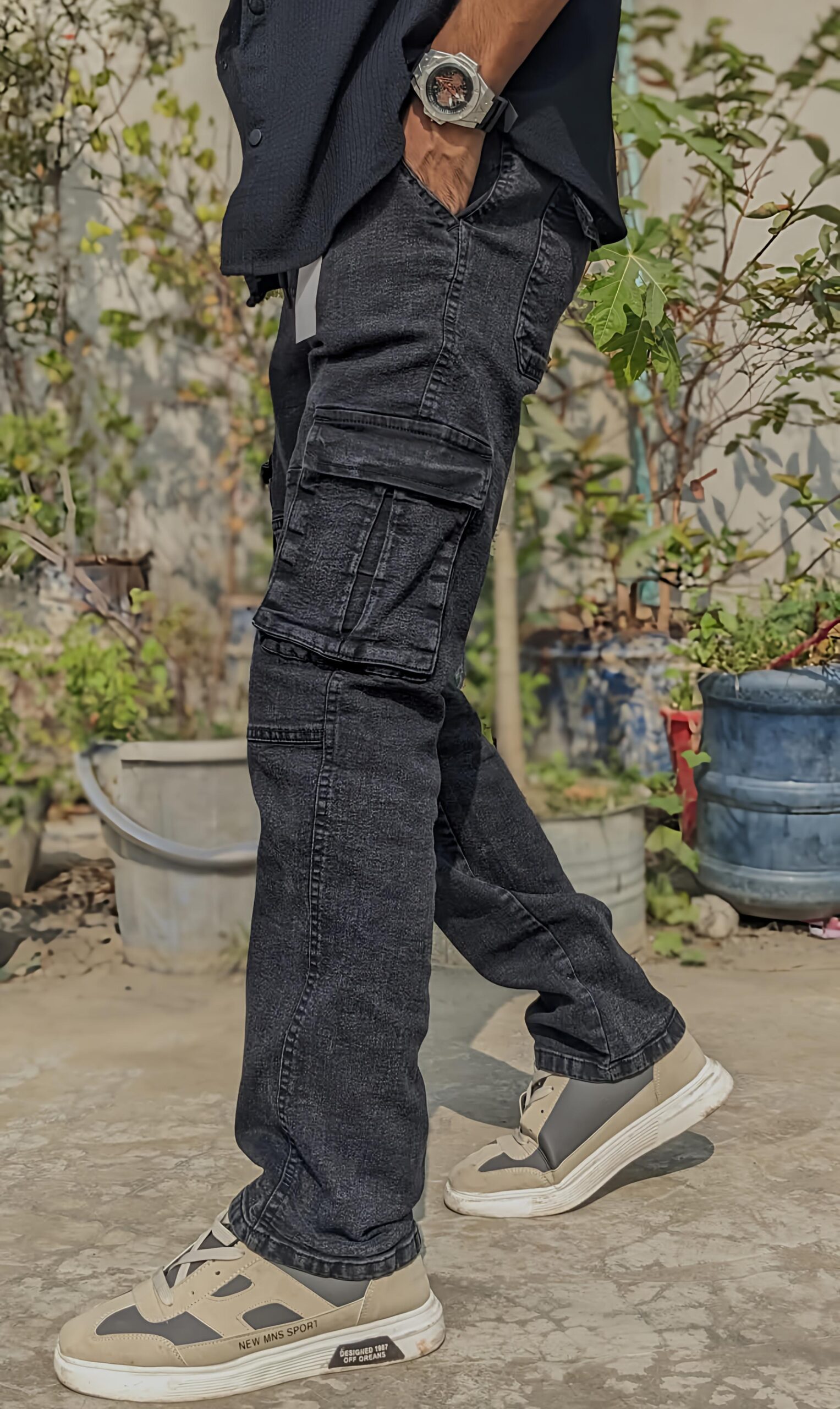 6 Pocket Denim Pant Acid Washed Noir