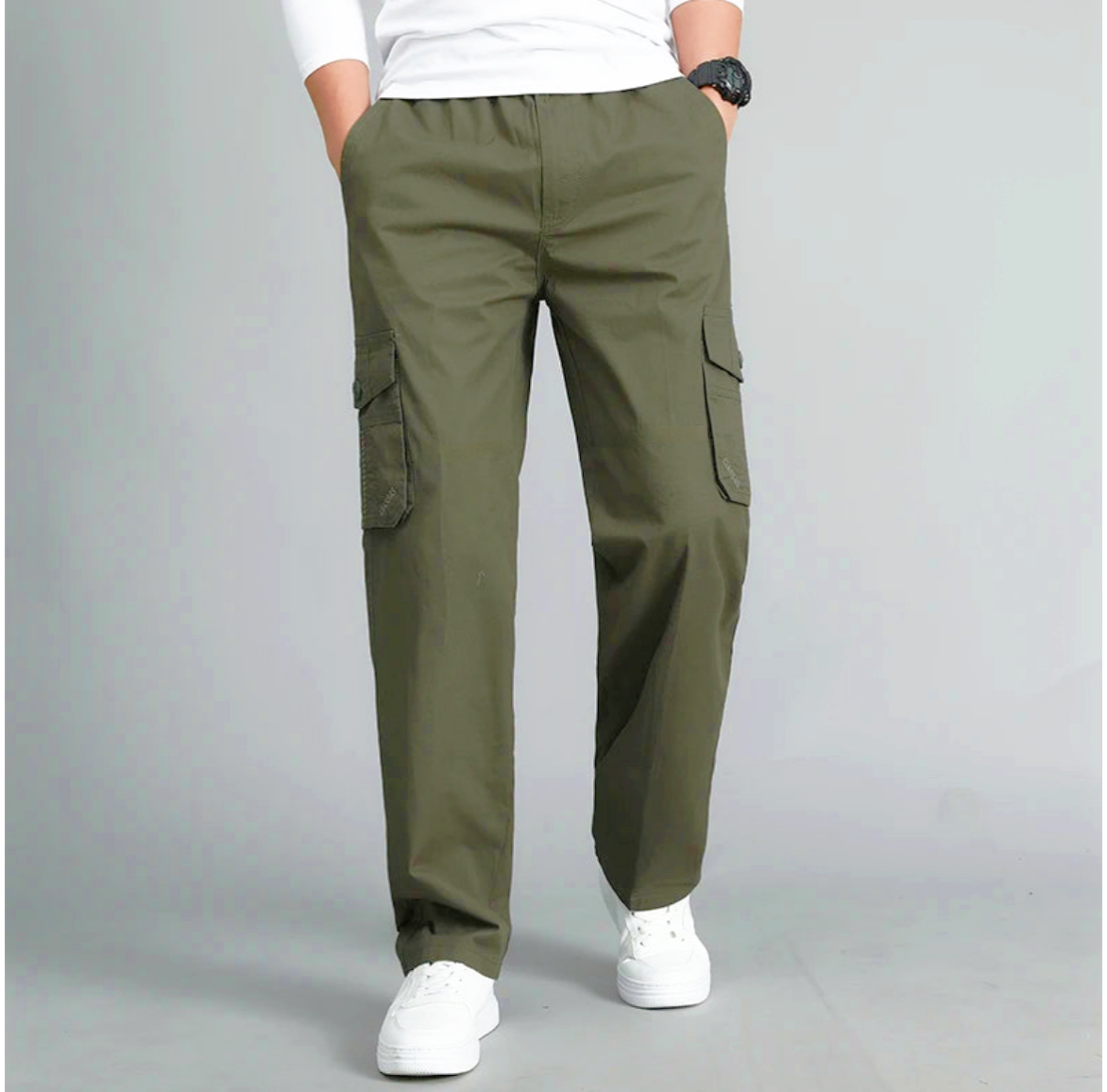 BELT CHINOS CARGO PANTS ( OLIVE GREEN )