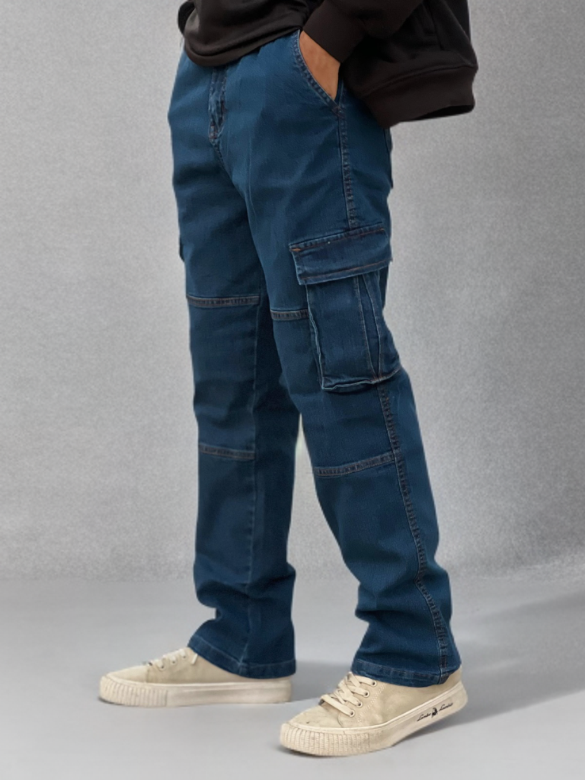 Loose Fit 6 Pocket Denim Cargo For Men ( OCEAN BLUE)